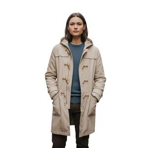 J. Peterman Cotton Linen Duffle Coat Snap Button Hook Closure Pockets Size M